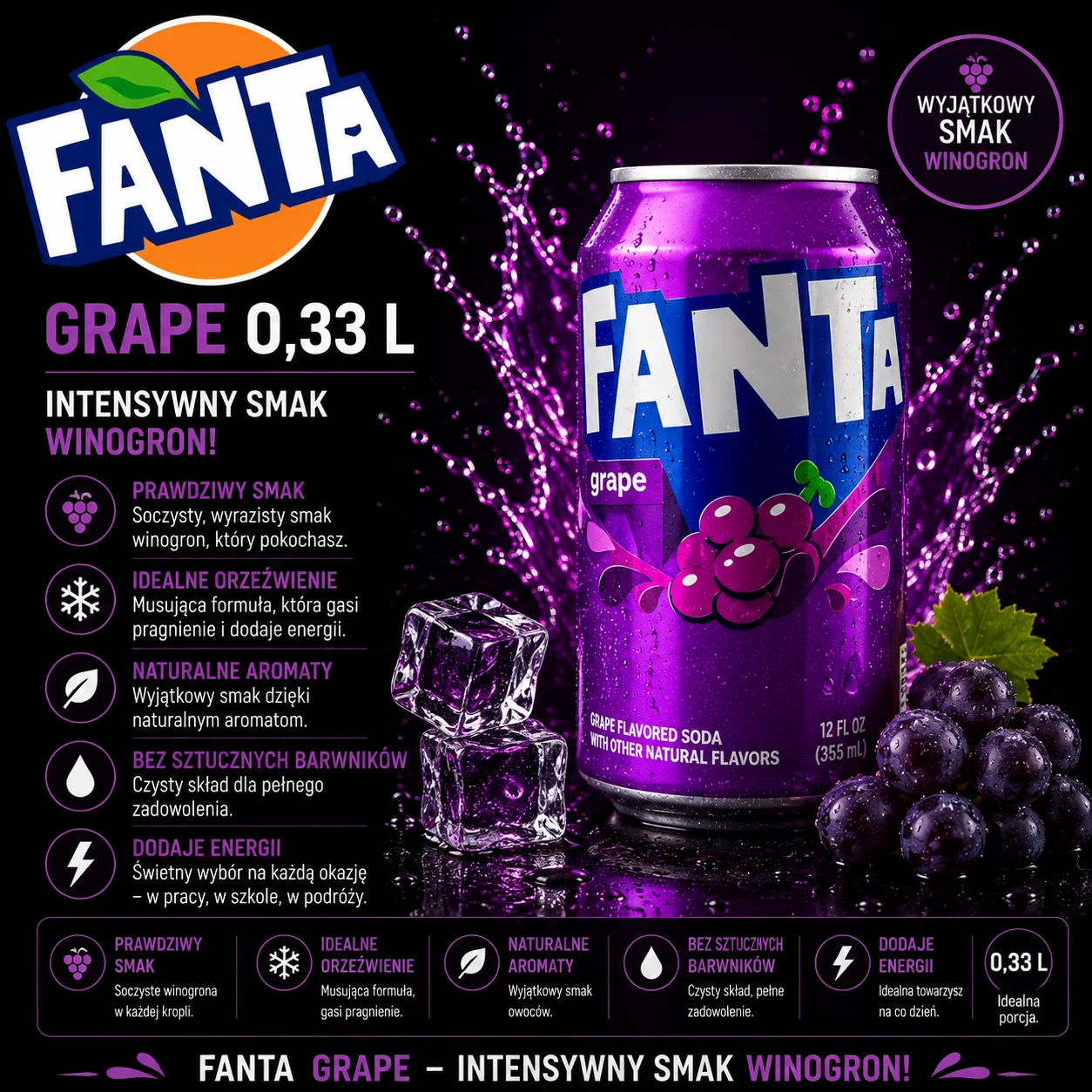 🍇 Fanta Grape 355 ml – intensywny smak winogron